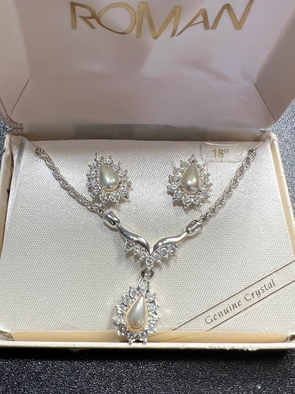 Vintage Roman Bridal Silver Tone Faux Pearl Necklace & Earrings Set NIB